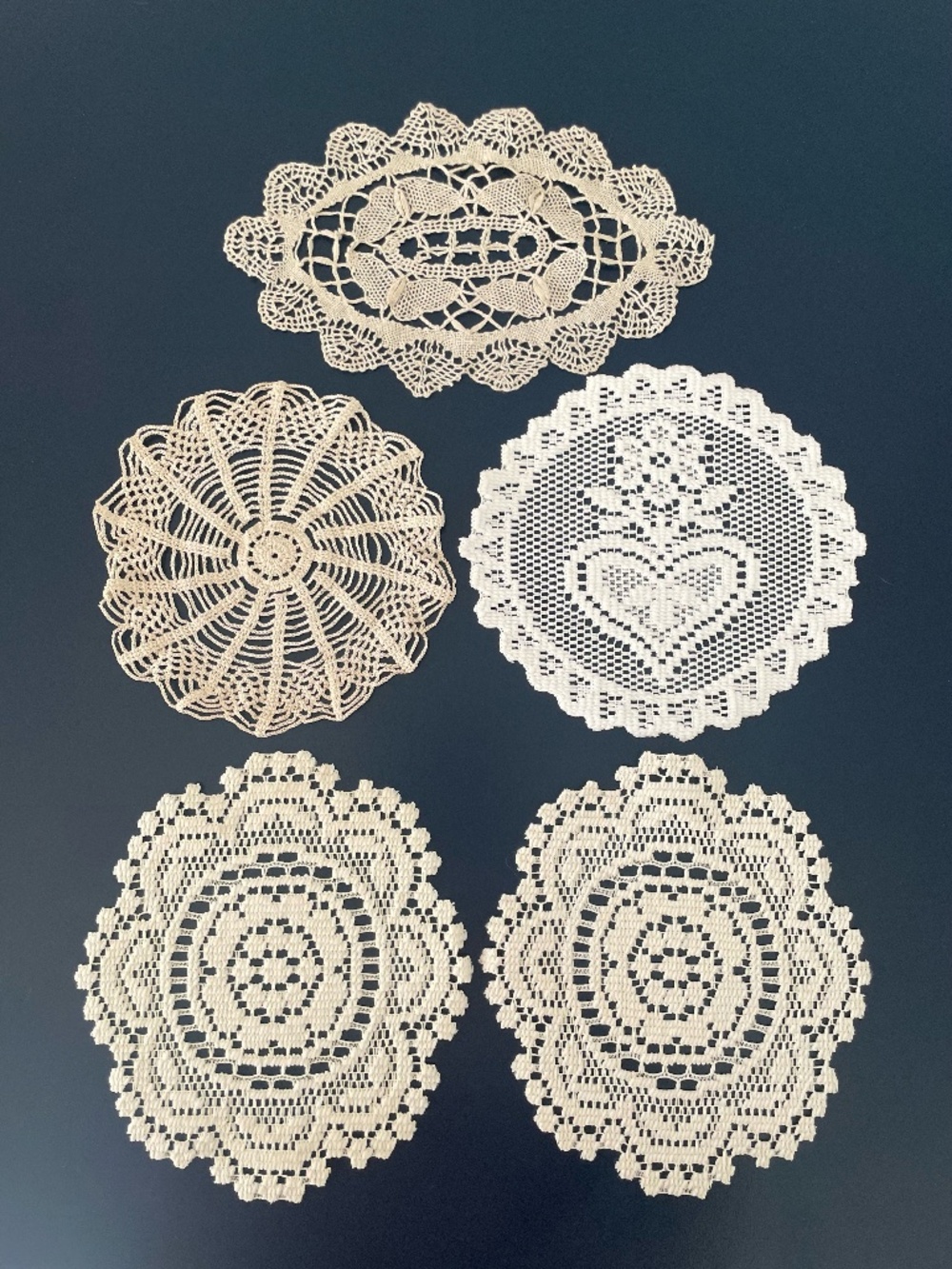Set of 5 Off-White Lace Doilies | Rosette, Heart, Oval, Circular Table Accents